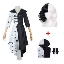 Robe cosplay cruella deville noir et blanc avec pois, fermetures à bascule et ourlet asymétrique costume cosplay