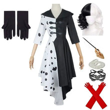 Robe costume cosplay cruella en tissu noir et blanc avec motif pois et fente asymétrique style cruella deville