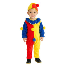 Costume de clown pour enfants rouge et jaune avec pompons bleus pour que l’enfant pourra s’amuser facilement