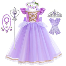 Costume de princesse raiponce enfant avec robe de bal violette sequins et corsage lacé or en tulle transparent