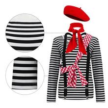 Chemise rayée noire et blanche à manches longues avec béret rouge et écharpe à carreaux pour costume femme clair obscur expedition 33