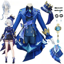 Costume genshin impact foçalors bleu et violet avec accents dorés pierres précieuses bleu sarcelle et volants superposés