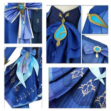 Costume cosplay foçalors bleu détaillé avec tissus superposés, ornements dorés et turquoise pour costume genshin impact