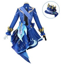 Costume genshin impact foçalors bleu et or avec motifs complexes, tissus superposés et couronne assortie pour cosplay