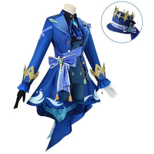 Costume cosplay foçalors bleu et or avec tissu superposé, nœuds décoratifs et couronne assortie pour costume genshin impact