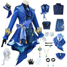Costume genshin impact cosplay foçalors bleu et teal avec accents dorés comprenant manteau long jupe et accessoires élégants