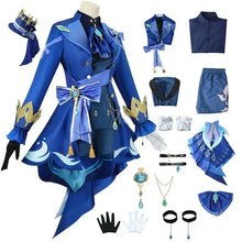 Costume cosplay foçalors bleu royal avec accents dorés et détails en pierre précieuse teal pour costume genshin impact