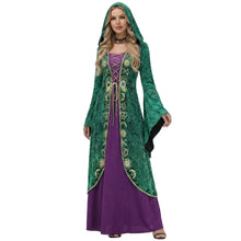 Costume halloween hocus pocus femme avec cape à capuche en velours vert émeraude brodée or et robe violette