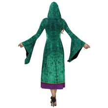 Robe à capuche en velours vert émeraude avec broderie dorée et ourlet violet costume halloween hocus pocus femme