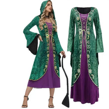 Costume halloween hocus pocus femme vert émeraude et violet style médiéval avec broderie dorée et capuche assortie