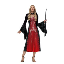Robe costume halloween hocus pocus femme rouge et noir à thème squelette avec cape fluide parfaite pour halloween hocus pocus