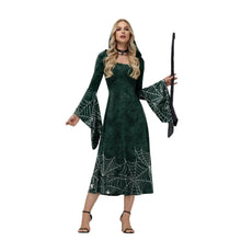 Costume halloween hocus pocus femme en velours vert foncé avec motif toile d’araignée blanche et manches cloches