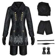 Manteau noir velours avec boutons dorés et broderies blanches costume cosplay yorha n°2 femme nier automata