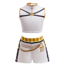 Ensemble crop top blanc et short avec détails dorés et bretelles noires style costume k-pop pour filles