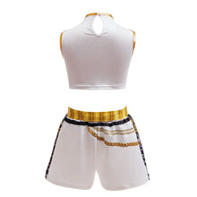 Costume k-pop pour filles en blanc avec détails dorés et chaînes, veste à paillettes élégante