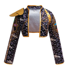 Veste à paillettes noire avec détails dorés chaîne et épaulettes pour costume k-pop filles