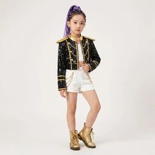 Veste à paillettes noire avec détails dorés et chaînes pour costume k-pop pour filles