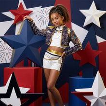 Veste à paillettes navy et or avec détails dorés et broderie étoile pour costume k-pop filles