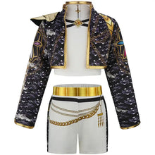 Veste à paillettes noire et dorée avec détails dorés et chaîne pour costume k-pop fille