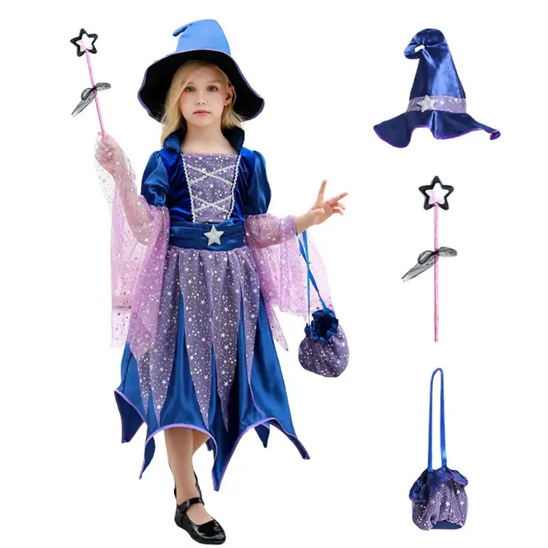 Costume De Sorcière Halloween Pour Fille 3-8 Ans – Tutu, Baguette Magique, Accessoire Cheveux – Polyester Doux