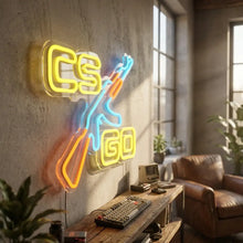 Lampe néon led counter-strike avec installation murale, logo cs:go jaune et fusil stylisé bleu et orange usb