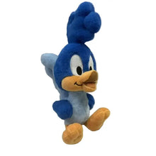 Peluche oiseau coureur bleu et bleu clair avec bec, pattes, yeux orange hauteur annoncée 40 cm peluche coyote coin lecture