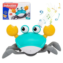 Crabe interactif musical turquoise et jaune avec détection d’obstacles et notes musicales flottantes