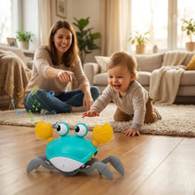 Crabe interactif musical turquoise et jaune avec détection d’obstacles et jambes grises au design ludique