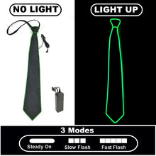 Cravate lumineuse de fête modèle A verte avec corps noir texturé, fil électroluminescent et clignotement lent contrôlable