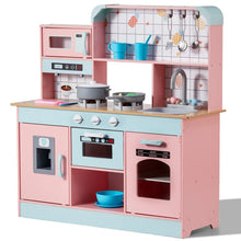 Cuisine en bois enfant succebuy rose et bleu clair avec accessoires annoncés et faux appareils lumineux