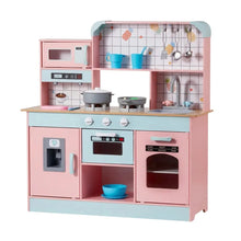 Cuisine en bois enfant SucceBuy pastel rose et bleu avec accessoires annoncés colorés et fausses appareils intégrés