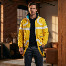 Veste haute visibilité jaune vif avec bandes réfléchissantes blanches et capuche doublée teal costume cosplay david cyberpunk edgerunners