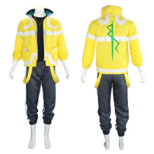 Veste réfléchissante jaune vif avec bandes blanches et éclair vert au dos, pantalon jogger gris foncé, costume cosplay david cyberpunk edgerunners