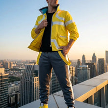 Veste de sécurité réfléchissante jaune vif avec bandes blanches et col bordeau costume cosplay david cyberpunk edgerunners