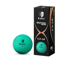 Image montrant une balle de golf mate teal caition v3-ld avec logo noir et surface à trois couches dans un lot de trois balles