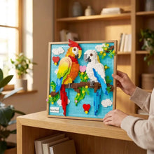 Jeu de construction 3d tableau perroquets avec deux aras colorés sur une branche bleu décoré de cœurs et fleurs