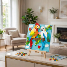 Jeu de construction 3d tableau perroquets avec deux perroquets colorés sur chevalet décoré de fleurs et coeurs