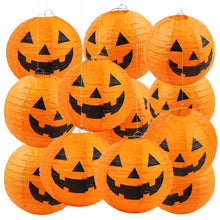 Lot de cinq lanternes citrouille halloween en papier orange avec yeux et bouche noirs découpés de 20 cm