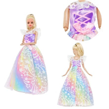 Barbie blonde portant une robe arc-en-ciel scintillante avec étoiles blanches et dentelle lot de 6 robes princesse poupée 30 cm déguisement carnaval magasins de jouets