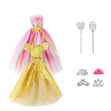 Déguisement carnaval pour poupée 30 cm avec robe dorée sequins et cape pastel arc-en-ciel lot de 6 accessoires