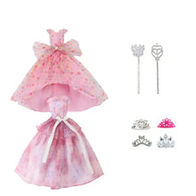 Vue arrière d une robe rose à pois et dégradé avec grand nœud, couches transparentes et liens rubans blancs pour poupée 30 cm déguisement carnaval magasins de jouets