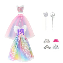 Robe tulle étoilée arc-en-ciel avec corset violet et nœud rose pour déguisement carnaval poupée 30 cm