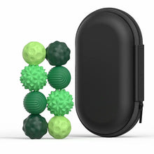 Lot de 8 balles sensorielles magnétiques en silicone vertes dans une trousse noire zippée de transport