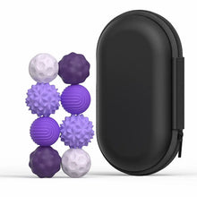 Lot de 8 balles sensorielles magnétiques en silicone avec six balles texturées violettes et blanches et étui noir