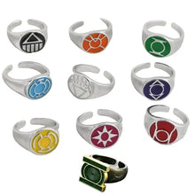 Set de neuf bagues de cosplay à emblème en argent ajustables avec symboles colorés du green lantern corps en émail