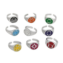 Ensemble de neuf bagues à emblème ajustable en argent avec symboles émaillés colorés pour cosplay à emblème de lanterne