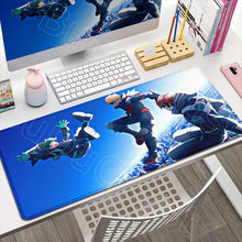 Tapis de souris xxl académie de super-héros bleu avec bords cousus et personnages d’anime dynamiques en action