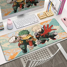 Tapis de souris xxl académie de super-héros avec bords cousus, izuku midoriya et katsuki bakugo sur fond géométrique teal et orange