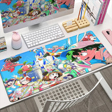 Tapis de souris xxl académie de super-héros bleu vibrant avec bords cousus et personnages d’anime colorés sur fond de château