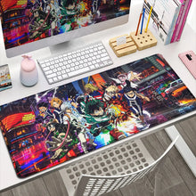Tapis de souris xxl académie de super-héros avec bords cousus et personnages d’anime colorés sur fond néon